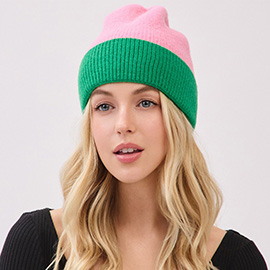 Two Tone Soft Fuzzy Knit Winter Beanie Hat