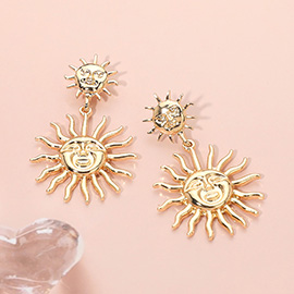 Metal Double Sun Face Link Dangle Earrings