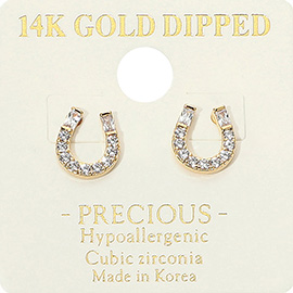 14K Gold Dipped Hypoallergenic CZ Stone Paved Horseshoe Stud Earrings