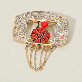 Rhinestone Paced Chain Net Enamel Basketball Pin Brooch