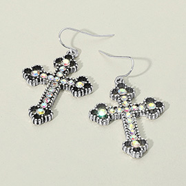 Stone Paved Vintage Metal Cross Dangle Earrings