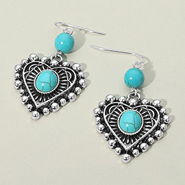 Oval Centerpiece Turquoise Stone Vintage Metal Heart Dangle Earrings