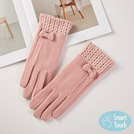 Bow Accent Knit Cuff Smart Touch Gloves