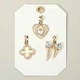 3PCS - Textured Heart Quatrefoil Stone Bow Pendant Charm Set