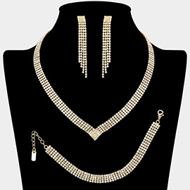 Four Row Rhinestone Paved V Shaped Jewelry Set