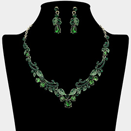 Teardrop Stone Cluster Embellished Rhinestone Paved Leaf Vine Necklace
