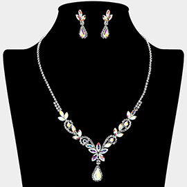 Teardrop Stone Accent Marquise Flower Stone Cluster Rhinestone Paved Necklace