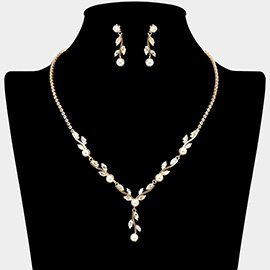 Pearl CZ Stone Leaf Cluster Rhinestone Paved Y Shape Necklace