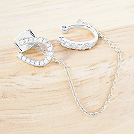 White Gold Dipped CZ Stone Paved Horseshoe Hypoallergenic Chain Ear Cuff Earrings