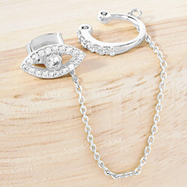White Gold Dipped CZ Stone Paved Evil Eye Chain Ear Cuff Earrings