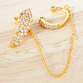 Gold Dipped CZ Stone Paved Angel Wing Chain Ear Cuff Earrings