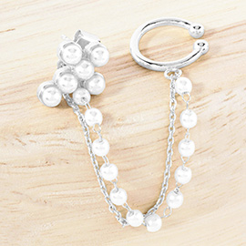 White Gold Dipped Pearl Cross Chain Ear Cuff Earrings