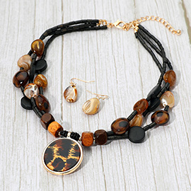 Boho Round Resin Pendant Accent Wood Beaded Layered Statement Necklace
