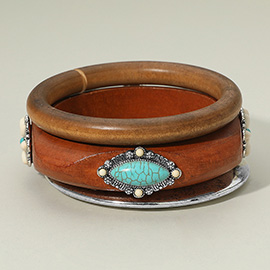 3PCS - Western Oval Turquoise Stone Accent Stackable Wooden Bangle Multi Layered Bracelets