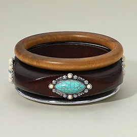 3PCS - Western Oval Turquoise Stone Accent Stackable Wooden Bangle Multi Layered Bracelets