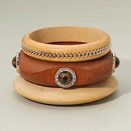 3PCS - Boho Round Leopard Stone Accent Wooden Bangle Stackable Multi Layered Bracelets