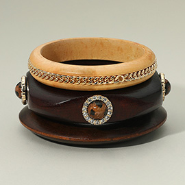 3PCS - Boho Round Leopard Stone Accent Wooden Bangle Stackable Multi Layered Bracelets