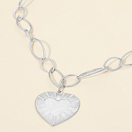 Bold Textured Heart Pendant Oval Link Chain Necklace