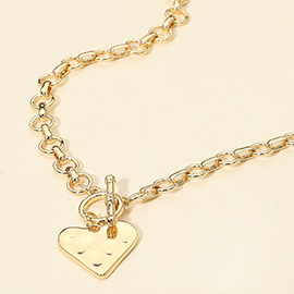 Hammered Metal Heart Pendant Chunky Chain Toggle Necklace