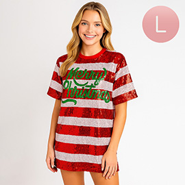 Sequin MERRY CHRISTMAS Striped Holiday Long Party Shirt