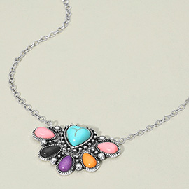 Boho Southwestern Multi Color Stone Fan Pendant Necklace