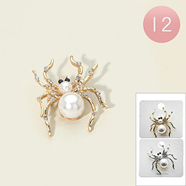 12PCS - Pearl Accent Rhinestone Paved Spider Pin Brooches