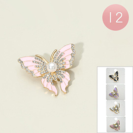 12PCS - Pearl Accent Shimmering Rhinestone Embellished Enamel Butterfly Pin Brooches