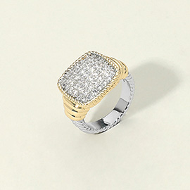 Two Tone CZ Stone Paved Square Ring