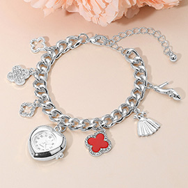 Silver Dipped Quatrefoil High Heel Dress Charm Heart Watch Bracelet