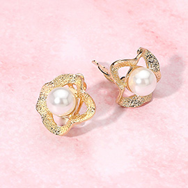 Textured Metal Petal Floral Pearl Clip On Earrings