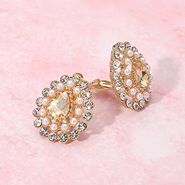 Pearl Rhinestone Teardrop Clip On Earrings