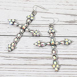 Stone Cluster Embellished Cross Dangle Statement Earrings