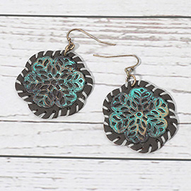 Stitched Faux Leather Layered Metal Floral Dangle Earrings