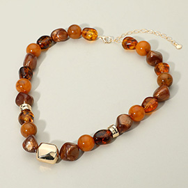 Chunky Metal Accent Resin Pebble Beaded Statement Necklace