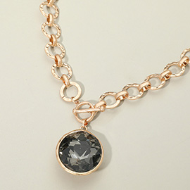 Bold Oval Gemstone Pendant Brushed Metal Chunky Chain Toggle Necklace