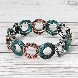 Vintage Metal Engraved Circle Beaded Stretch Bracelet