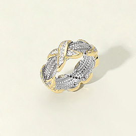 Two Tone CZ Stone Paved Crisscross Around Textured Ring