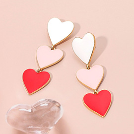 Triple Enamel Heart Link Dangle Earrings