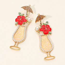 Pearl Embellished Glitter Tropical Cocktail Dangle Earrings