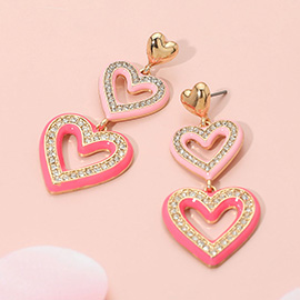 Rhinestone Paved Enamel Open Double Heart Link Drop Earrings