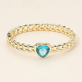 Heart CZ Stone Accent Hinged Chain-Link Bangle Bracelet