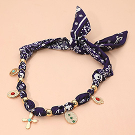 Stone Accent Boho Charm Station Fabric Scarf Adjustable Necklace