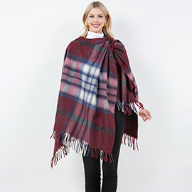Plaid Fringe Poncho Shawl Wrap