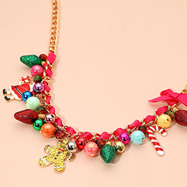 Holiday Santa Gingerbread Man Candy Cane Pearl Bow Charm Beaded Necklace