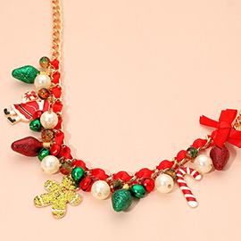 Holiday Santa Gingerbread Man Candy Cane Pearl Bow Charm Beaded Necklace