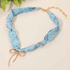 Metal Wire Bow Pendant Fabric Paisley Scarf Necklace