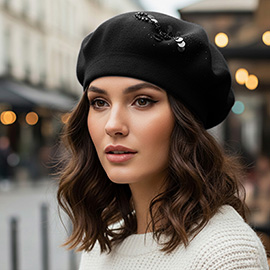 Decorative Sequin Rhinestone Embellished Winter Beret Hat