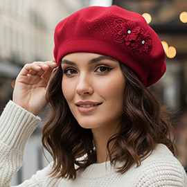 Floral Applique Accent Winter Beret Hat