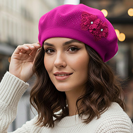 Floral Applique Accent Winter Beret Hat