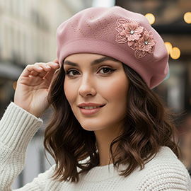 Floral Applique Accent Winter Beret Hat